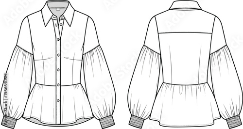 Technical fashion flat sketch of women’s blouse with bishop sleeves, collared neckline, peplum hem, button-down front, and garment construction details