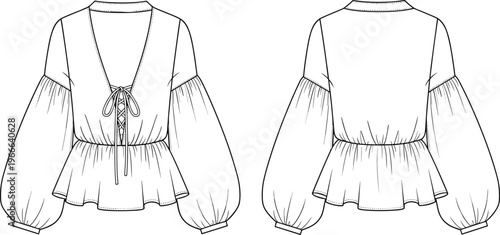 Technical fashion flat sketch of women’s blouse with deep V-neckline, lace-up bow detail, bishop sleeves, peplum hem, and garment construction