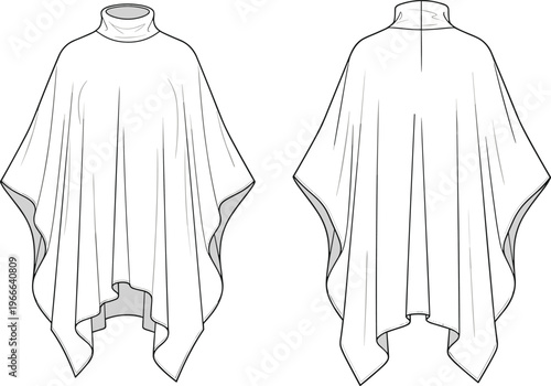 Technical fashion flat sketch of women’s poncho with high collar, draped silhouette, pointed hemline, and garment construction details