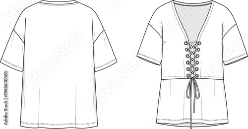 Technical fashion flat sketch of women’s short-sleeved top with deep V-neckline, lace-up front closure and garment construction details