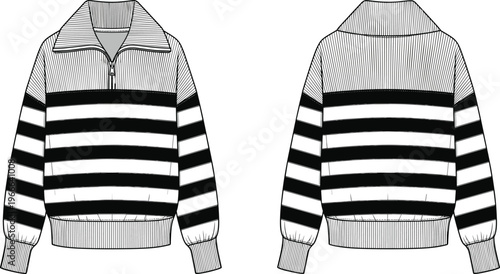 Technical fashion flat sketch of women’s striped pullover sweater with high collar, partial zipper, ribbed cuffs, hem, and garment construction details