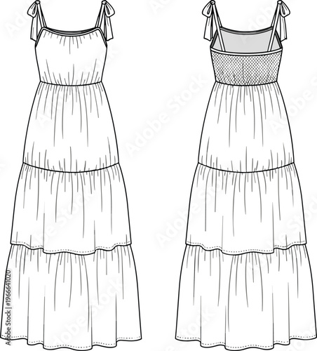 Technical fashion flat sketch of women’s tiered maxi dress with bow shoulder straps, fitted bodice, gathered layers and smocked back panel