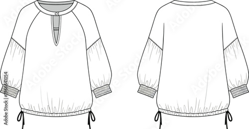 Technical Fashion Flat Sketch of Women's Balloon Sleeve Blouse with Keyhole Neckline and Adjustable Drawstring Hem Vector Template Illustration