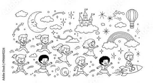 Childrens Dreamy Nighttime Adventure Illustration Collection.