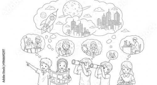 Childrens Fantasy Illustration of a Group of Kids Imagining a Magical World.