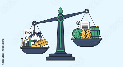 Wealth balance between stocks and crypto on scales with gold bars and coins