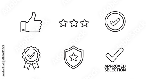 Illustrations of approval icons including thumbs up, stars, checks, and shields for rating concepts.