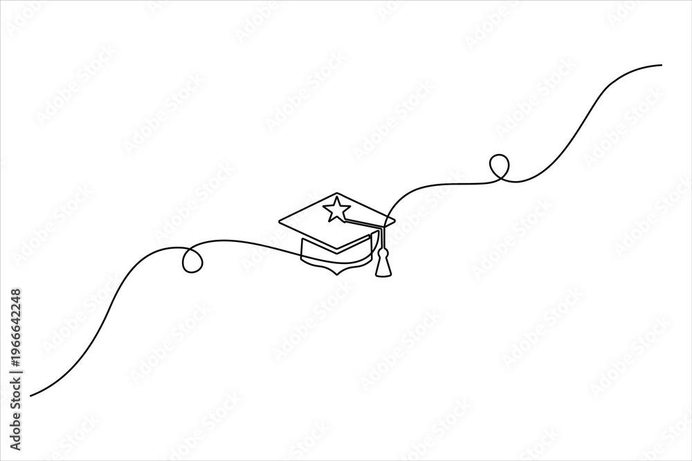 Obraz premium Minimalist continuous line drawing of a graduation cap with a star. Clean black vector art for academic success, university study, and achievement.