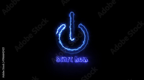 Neon blue power button animation with start now text, glowing electric energy symbol for digital interface and technology concepts
