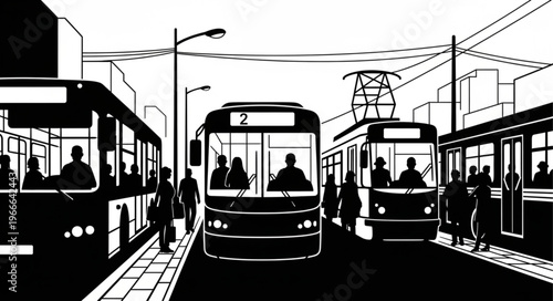 City Street Scene with Trams and Pedestrians in Black and White.