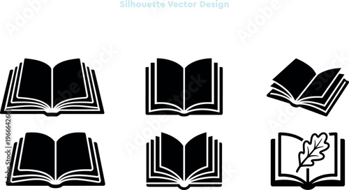 Minimalist open book silhouette vector design, collection of 6 black book icons, education and literature symbols for library or school branding