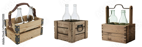 our set of wooden bottle caddies whit bottles isolated on white background PNG file,.;