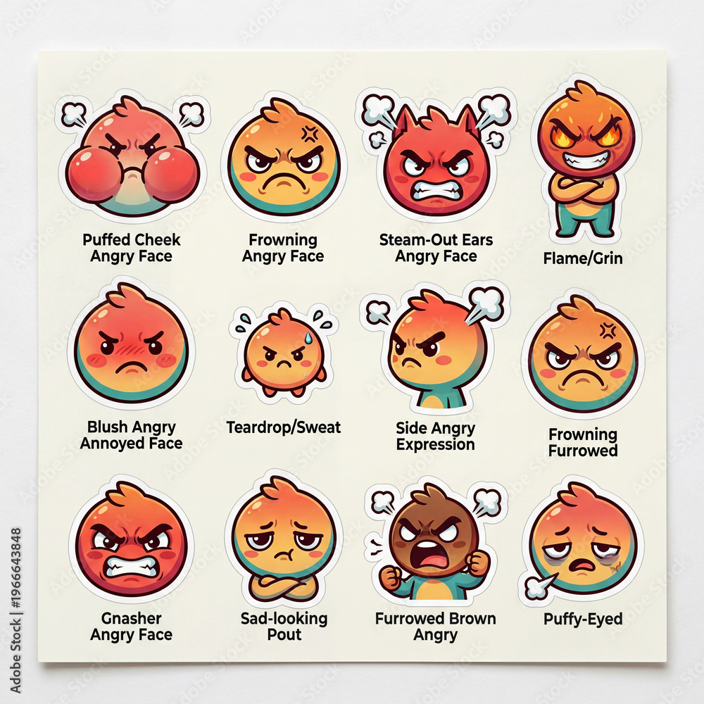 Fototapeta premium Cute Angry Expression Character Sticker Pack with 12 Emotional Reaction Designs for Planner, Social Media and Packaging Use