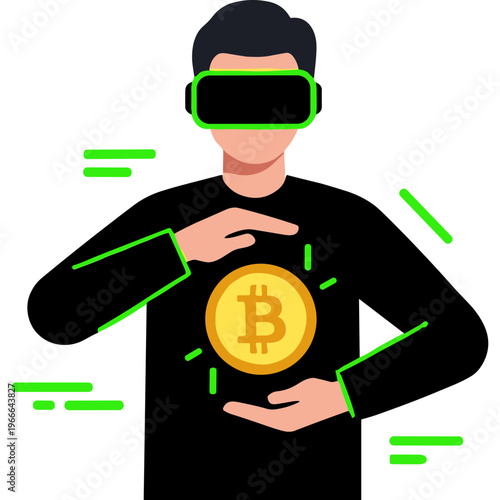 A man wearing virtual reality goggles interacts with a large bitcoin in his hands.