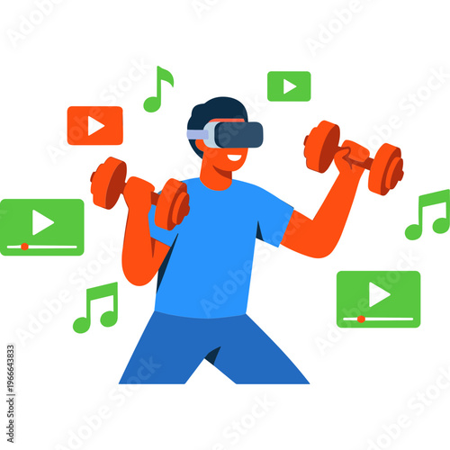 Man wearing VR headset exercises with dumbbells surrounded by play buttons and music notes