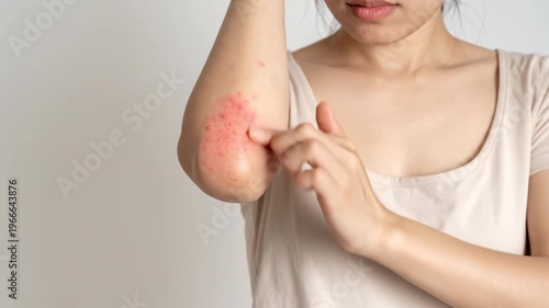 Close-up Footage of woman scratching red itchy skin rash on her elbow, concept of eczema or psoriasis flare-up