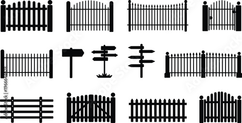 Black silhouette collection of garden fence sections wooden gates and directional signposts isolated on white background for landscape architecture design and backyard property boundary planning