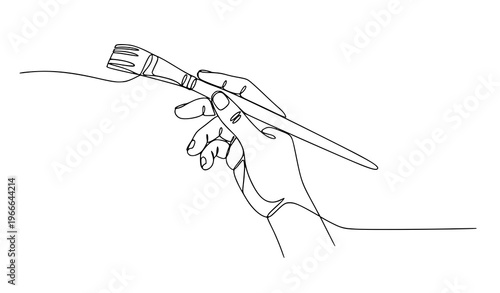 Minimal one line hand holding paintbrush creative artist concept vector illustration isolated on white background