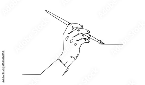 Continuous line hand holding paintbrush creative artist work vector illustration isolated on white background