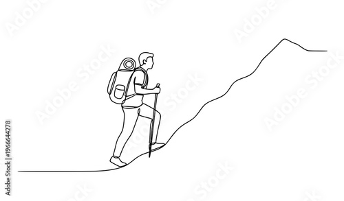 Continuous line man hiking with backpack mountain travel adventure vector illustration isolated on white background