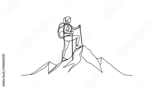 Minimal one line woman hiking mountain backpack travel adventure vector illustration isolated on white background