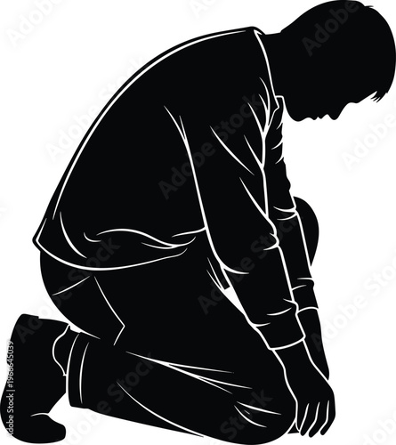 Black silhouette of man kneeling on the ground in deep despair feeling sad depressed and defeated isolated on white background
