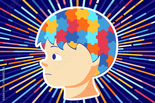 This colorful illustration symbolizes autism and neurodiversity. The colorful puzzle pieces represent the complexity and uniqueness of the autism spectrum.  