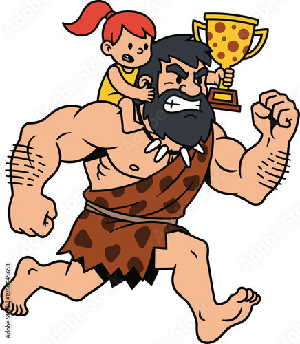 Cartoon caveman running with young girl holding golden trophy, humorous victory teamwork illustration symbolizing strength, celebration, and family support