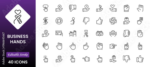 Business Hands outline web icons set. Fingers, hands, thumbs up, ok, points, touch, pray, hand shaking, and like. Vector illustration