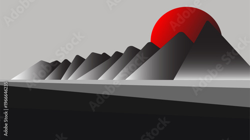 Minimalist Desert Landscape with Red Sun and Mountains
