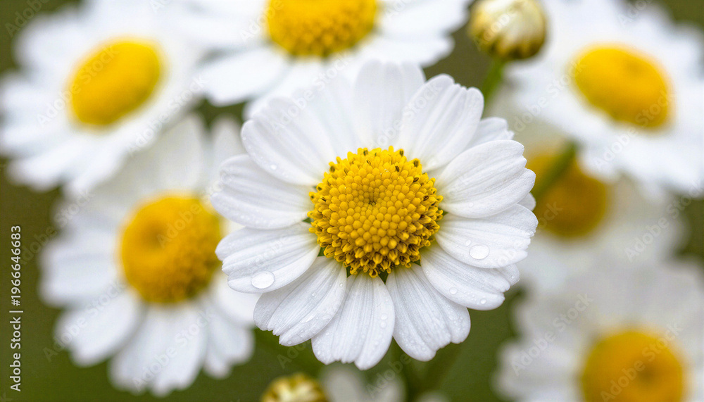 Obraz premium Bright white chamomile flowers with vivid yellow centers in clean natural light creating fresh high-contrast composition. Visual concept emphasizes purity, clarity, and uplifting energy through color 