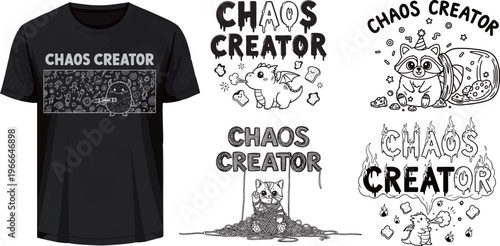 A collection of black and white "Chaos Creator" cartoon designs featuring mischievous animals like a dragon, raccoon, and blob, with elements of money, fire, and confetti, one shown on a t-shirt.