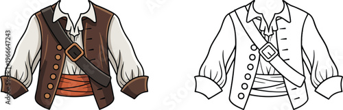 Pirate costume illustration & outline set isolated on transparent background 