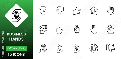 Business Hands outline web icons set. Fingers, hands, thumbs up, ok, points, touch, pray, hand shaking, and like. Vector illustration