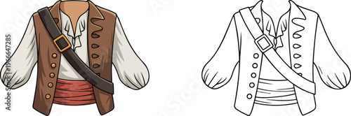 Pirate costume illustration & outline set isolated on transparent background 