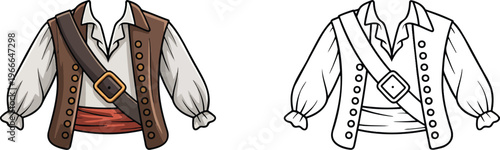 Pirate costume illustration & outline set isolated on transparent background 