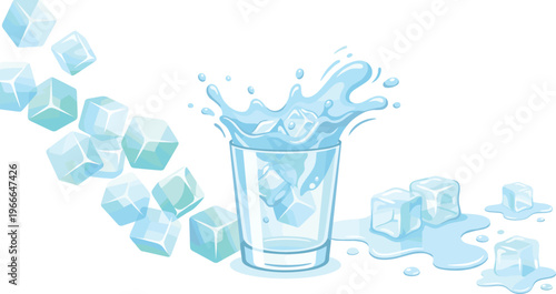 Ice Cubes Splashing into Glass Vector Illustration with Transparent Frozen Blocks, Melting Effects, Water Splash Motion, and Refreshing Cold Beverage Concept Design