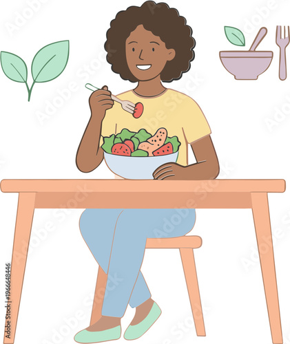 A woman enjoys eating salad with a spoon at a table indoors.
