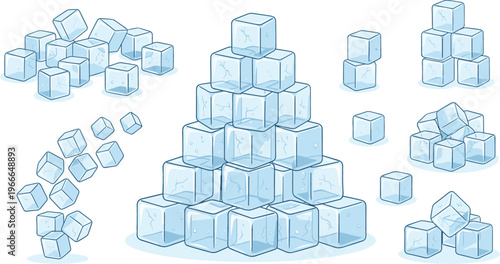 Ice Cube Collection Vector Illustration Set Featuring Transparent Frozen Blocks, Stacked Piles, Melting Effects, and Realistic Cold Beverage Elements for Design Use