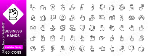 Business Hands outline web icons set. Fingers, hands, thumbs up, ok, points, touch, pray, hand shaking, and like. Vector illustration
