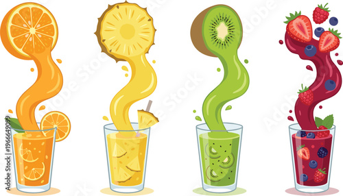 Fresh fruit juice splash set with orange, pineapple, kiwi and berry drinks, colorful flowing liquid into glasses, vibrant healthy beverage illustration for summer menus and packaging design