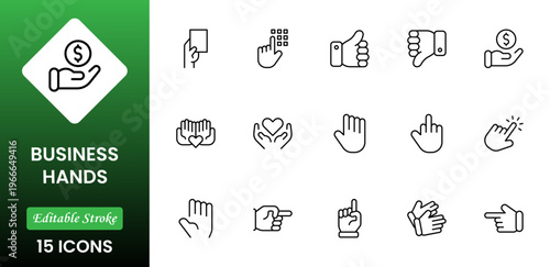 Business Hands outline web icons set. Fingers, hands, thumbs up, ok, points, touch, pray, hand shaking, and like. Vector illustration