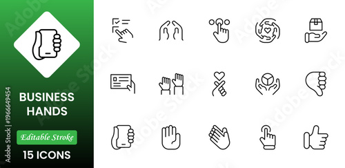 Business Hands outline web icons set. Fingers, hands, thumbs up, ok, points, touch, pray, hand shaking, and like. Vector illustration