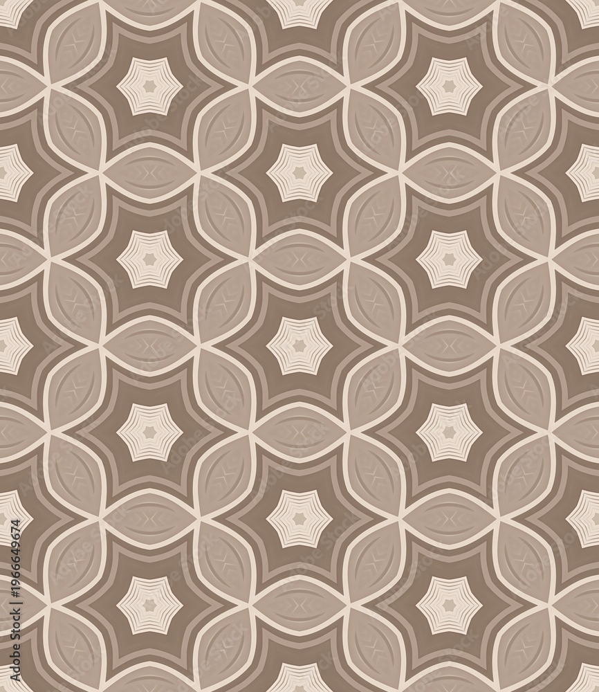 Fototapeta premium Geometric pattern in warm earth tones. Repeating shapes form elegant, interlocking design. Soft beige, tan, and brown hues create soothing backdrop. Ideal for interiors, textiles