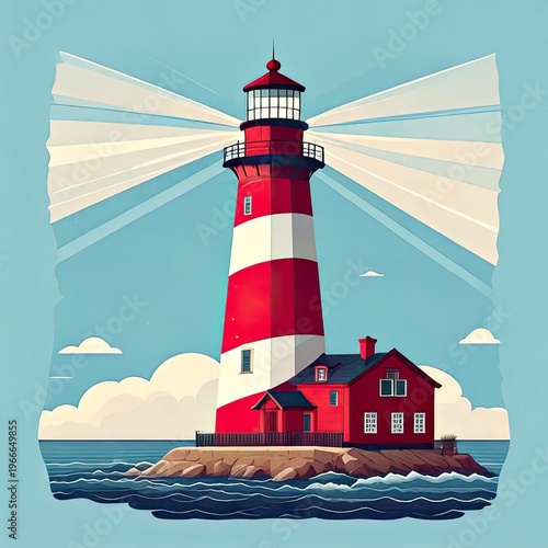 A tall, striped lighthouse, with a red house attached