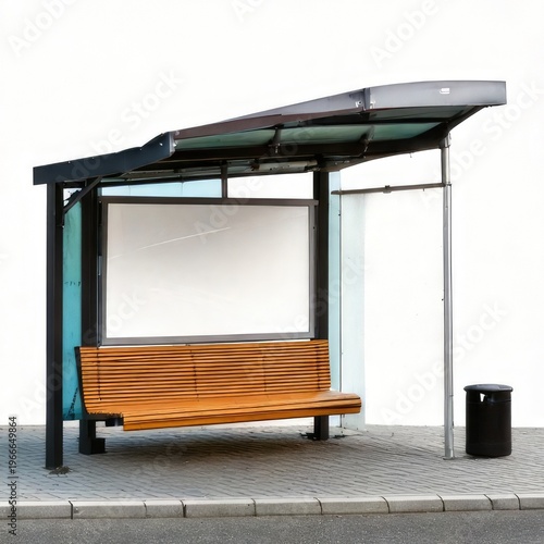 Modern bus shelter with bench, blank ad space