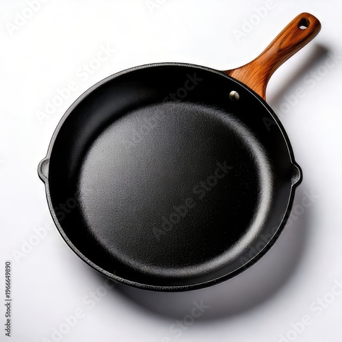 Overhead shot of an empty black frying pan with wooden handle