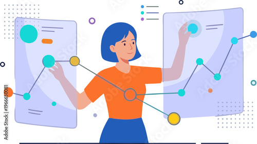 Woman interacts with digital graphs on screens in modern setting