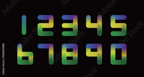 A minimal set of numbers 0-9, featuring unique gradients of green, yellow, and blue-violet. Ideal for various design projects, with scalable vectors.
