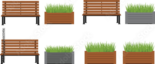 Outdoor furniture set featuring wooden benches and rectangular planters with green plants, arranged in grid layout for landscape design and urban seating concepts.Outdoor furniture set featuring wood